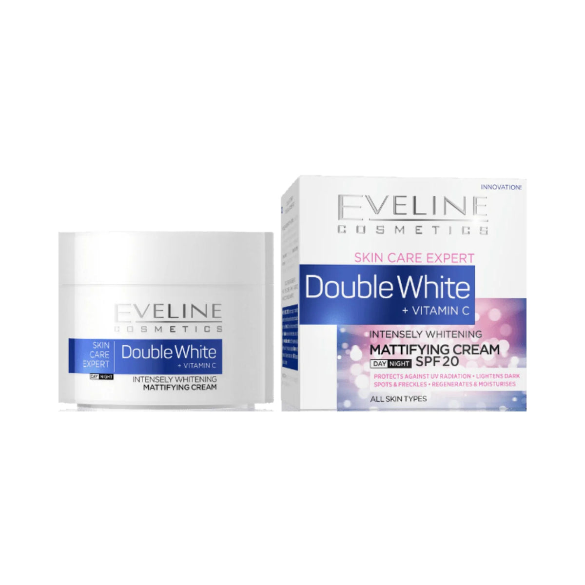 Eveline Double White+ Vitamin C Intensely Whitening Mattifying Day & Night Cream, All Skin Types, 50ml